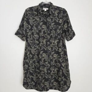 JOE FRESH Linen Blend Black & Sage Palm Print Short Sleeve Shirt Dress - Size XL